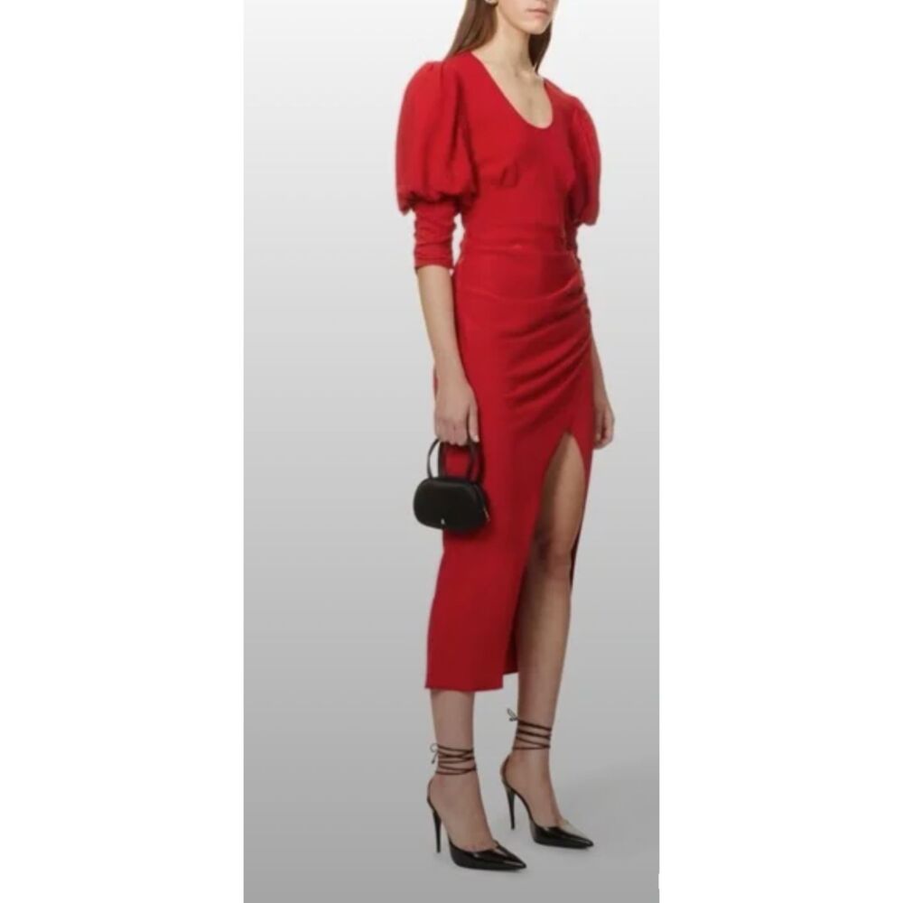 Self-Portrait Red Midi Dress with Puff Sleeves and Side Slit